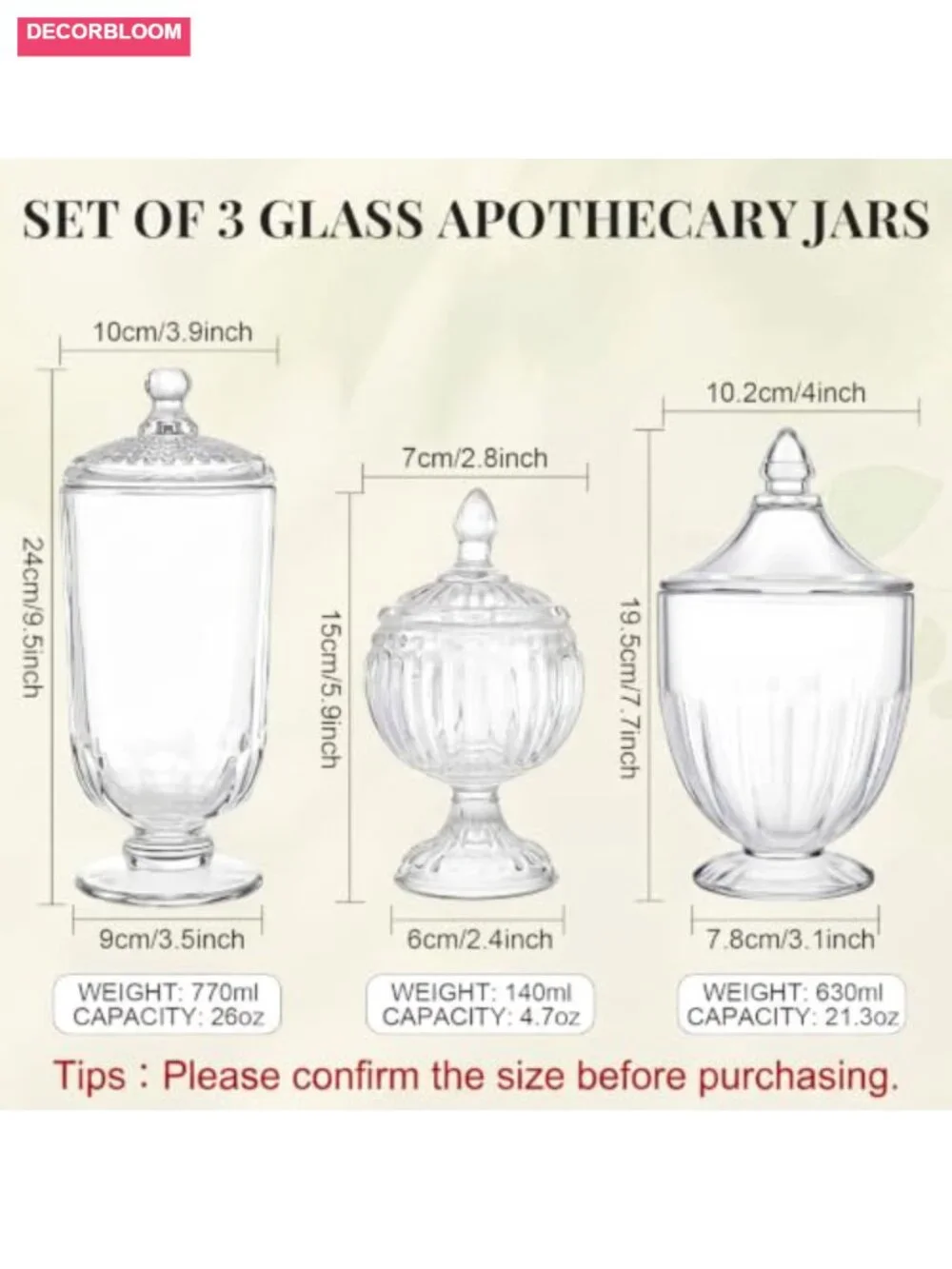 3 Glass Apothecary Jars with Lids - Candy Buffet Storage Canisters Home Decor